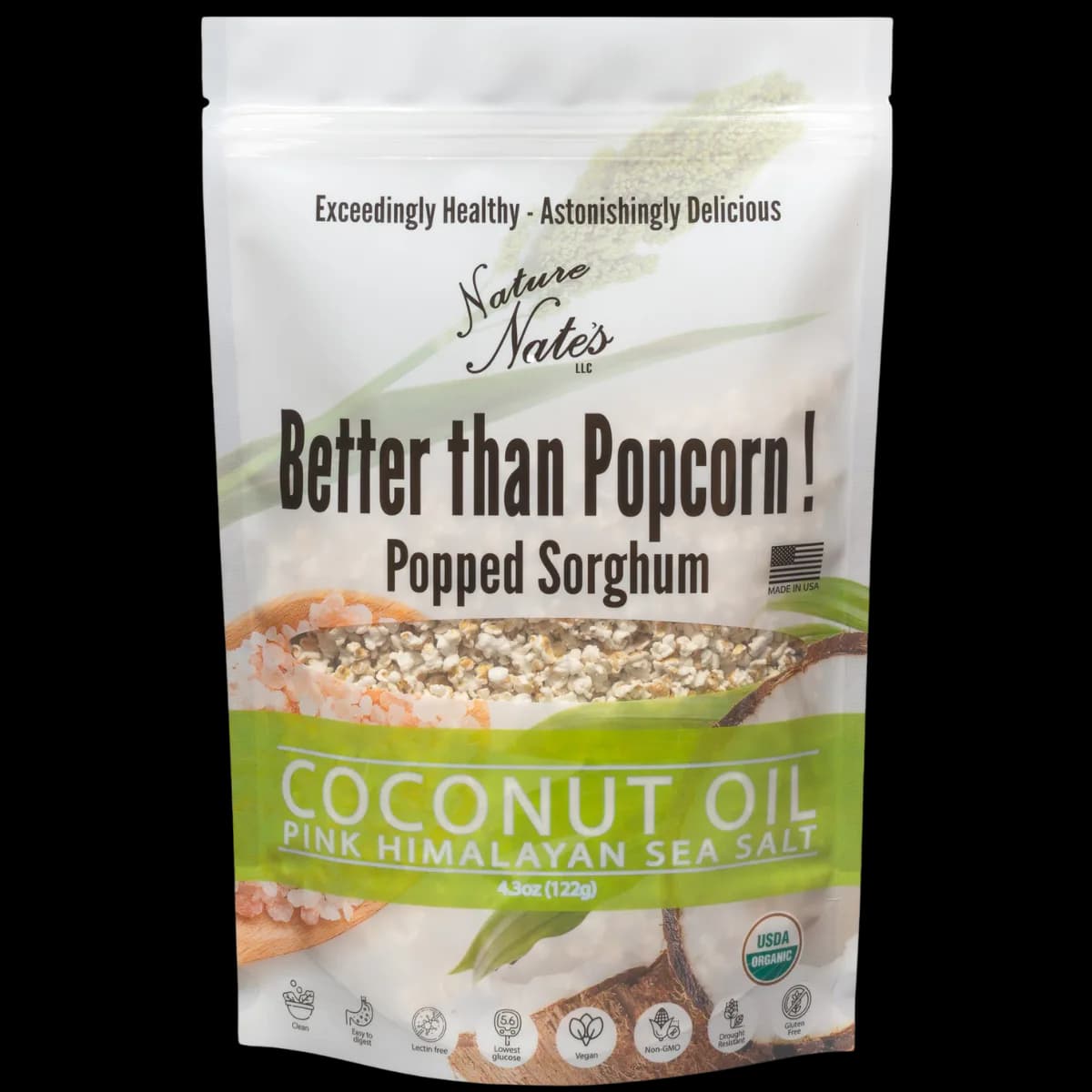 Organic Popped Sorghum Coconut Oil & Pink Himalayan Salt 4.3 oz (Single Bag) image 1