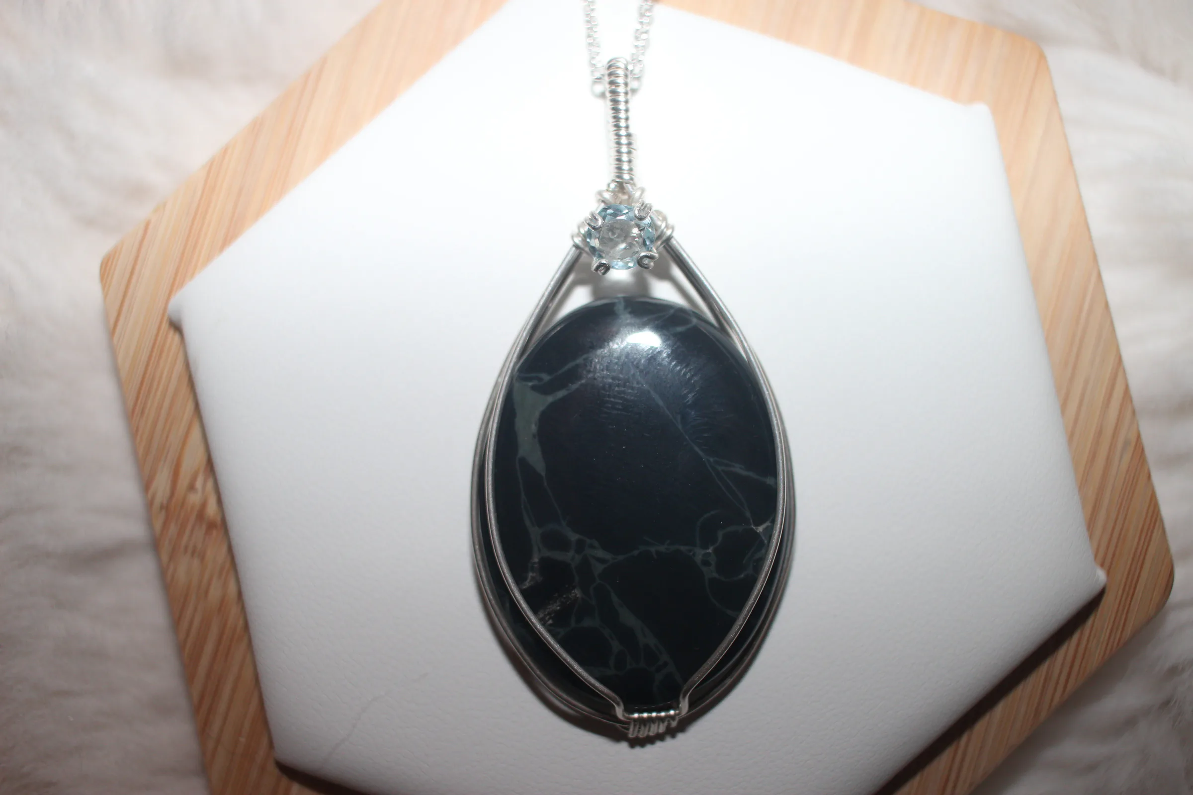 Spiderweb obsidian Aquamarine Necklace Argentium Sterling Silver image 1