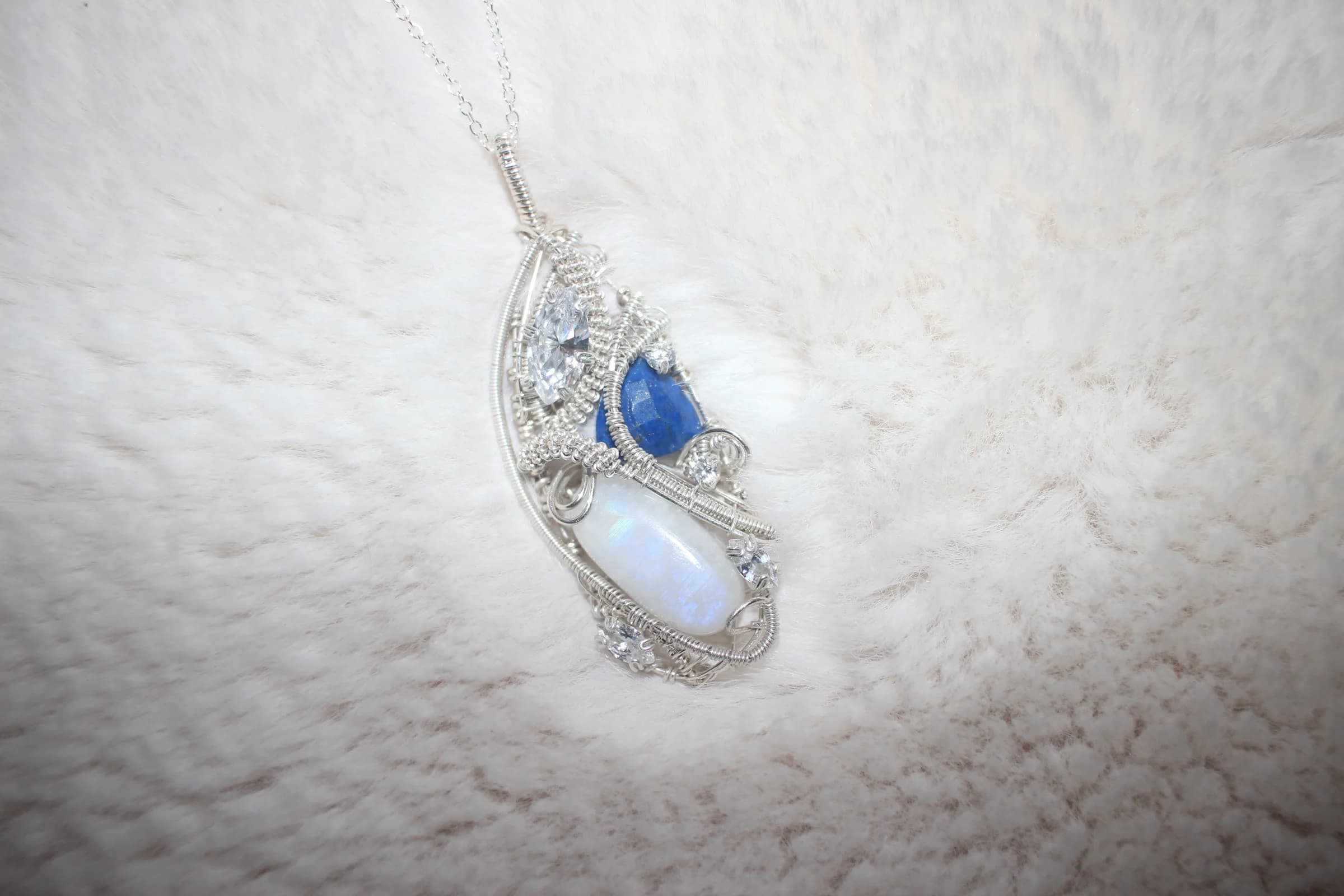 Rainbow Moonstone Lapis Necklace Sterling Silver image 1