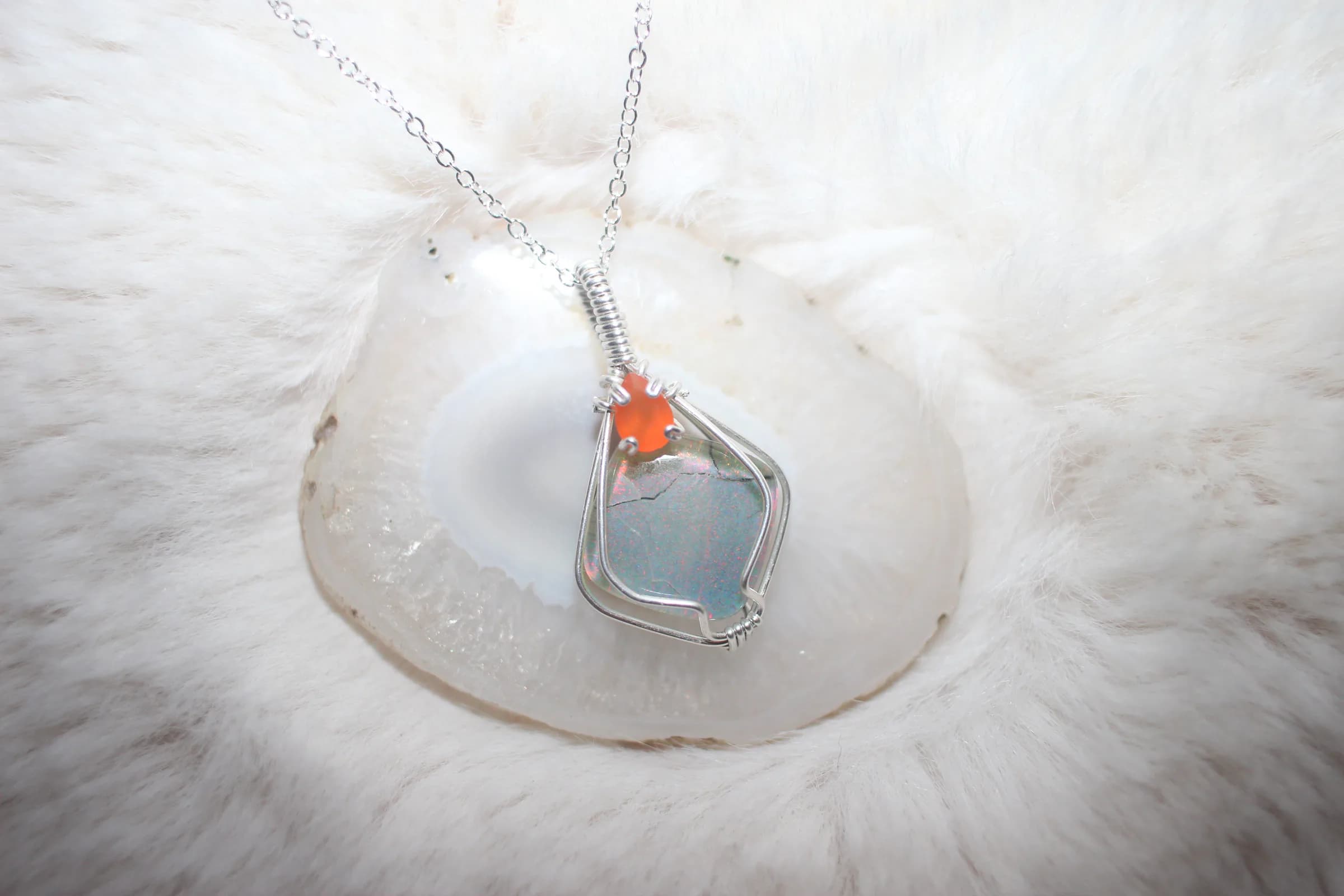 Monarch Opal Carnelian Necklace Argentium Sterling Silver